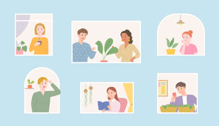 Neighbors' life seen through the window. People are growing plants. flat design style vector illustration.のイラスト素材
