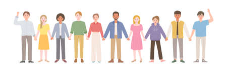 People of different races are standing holding each other's hands. flat design style vector illustration.のイラスト素材