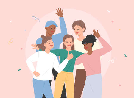 Friends of various races gather and do fun and exciting activities. flat design style vector illustration.のイラスト素材