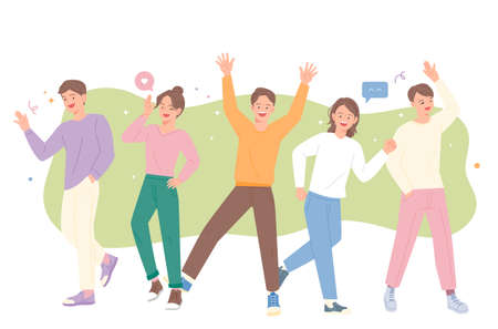 Young people are doing lively poses. flat design style vector illustration.のイラスト素材