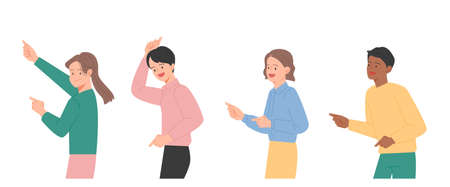 People are smiling with their fingers pointing to the side. flat design style vector illustration.のイラスト素材