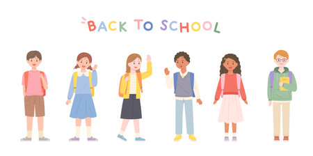 Back to school. Cute children standing with school bags. flat design style vector illustration.のイラスト素材