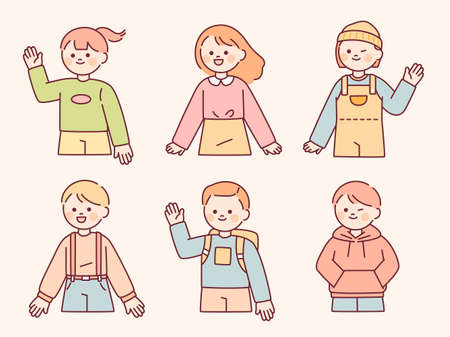Cute children with round faces are wearing casual styles. They are waving their hands. outline simple vector illustration.のイラスト素材