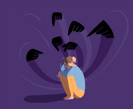 A man is sitting on the floor with his head wrapped around him. Shadow hands are pointing at him and accusing him. flat design style vector illustration.のイラスト素材