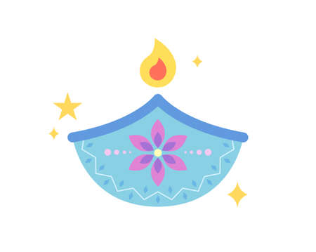 Light Blue oil lamp and flame in a cute Indian traditional pattern.のイラスト素材
