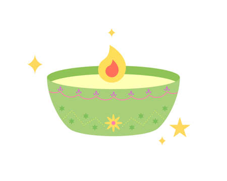 Green oil lamp and flame in a cute Indian traditional pattern.のイラスト素材