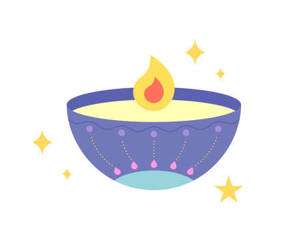 Blue oil lamp and flame in a cute Indian traditional pattern.のイラスト素材
