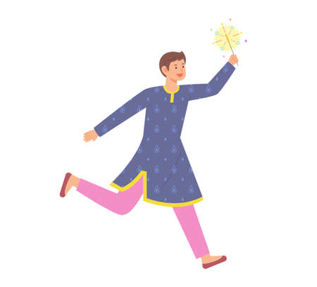 A man in traditional Indian costume is rejoicing with a sparkler in his hand.のイラスト素材