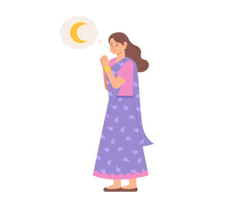 A woman in traditional Indian clothes is praying while looking at the moon.のイラスト素材