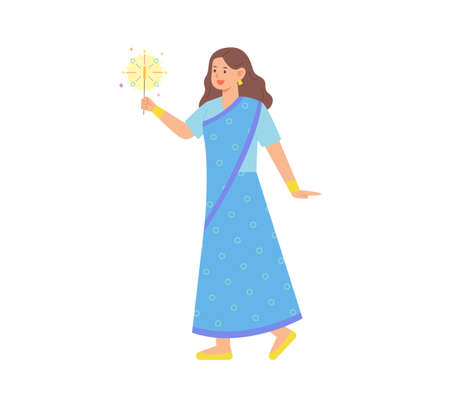 A woman in traditional Indian clothing is rejoicing with a sparkler in her hand.のイラスト素材
