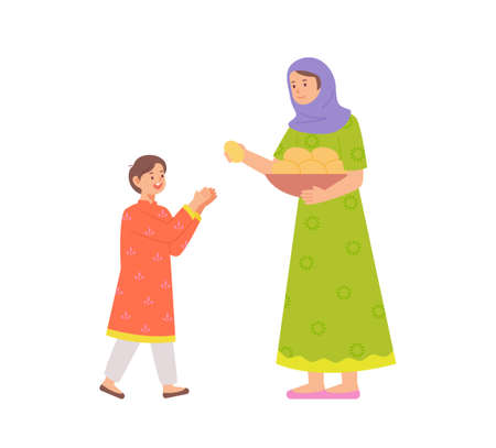 Indian traditional costume character. Her mother is giving her child food from the basket.のイラスト素材