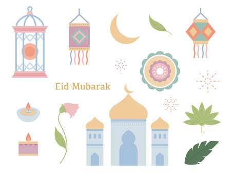 eid mubarak. Indian mosque with beautiful lanterns and decorative plants.のイラスト素材