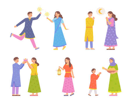 Lots of people enjoying Diwali festival and people praying and sharing food. flat design style vector illustration.のイラスト素材