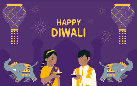 Cute children in traditional Indian costumes are holding oil lamps in their hands.のイラスト素材