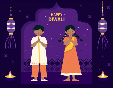 Cute children in traditional Indian costumes are holding hands and praying.のイラスト素材