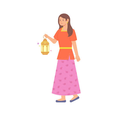 A woman in traditional Indian clothing is walking with a beautiful lantern.のイラスト素材