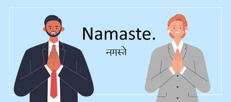 A businessman and a business woman are holding hands and giving an Indian greeting.のイラスト素材
