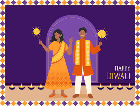 Diwali festival poster. A woman and a man in traditional Indian costumes are holding a sparkler in their hands and enjoying the festival.のイラスト素材