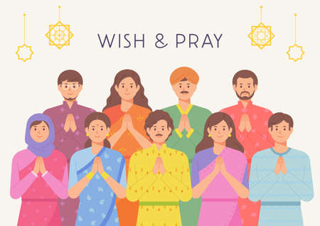 People in traditional Indian clothes are holding hands and praying. Crowd gathered for traditional Indian festival.のイラスト素材