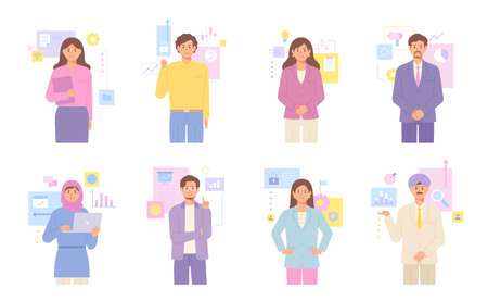 Various Asian business characters. Graph data are decorated around them.のイラスト素材