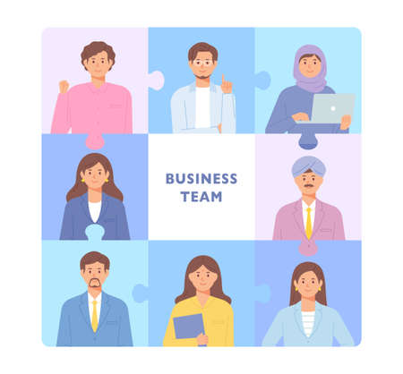 Puzzle layout concept banner. The faces of business team members are placed in each section.のイラスト素材