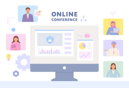 Business people having online video conference. Screens of people online are visible around the computer monitor.のイラスト素材