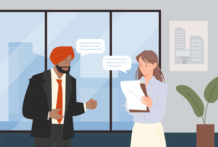 A businessman in a turban and suit is having a conversation with a business woman holding papers. office background.のイラスト素材