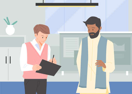 The manager is talking in traditional Indian clothes. The employee is taking notes of his words. office background. flat design style vector illustration.のイラスト素材