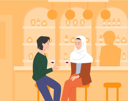 Two friends are drinking wine in a bar and talking. A woman is wearing a hijab.のイラスト素材
