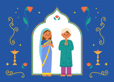 A couple in traditional Indian costumes are standing with their hands together in front of an Arabian door.のイラスト素材