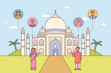 A man and a woman dressed in traditional Indian costumes are introducing the Taj Mahal.のイラスト素材