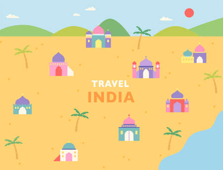 Cute Indian temple icons arranged on illustration map background. flat design style vector illustration.のイラスト素材