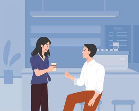 Two friends are drinking coffee and talking in the break room. cafe background flat design style vector illustration.のイラスト素材