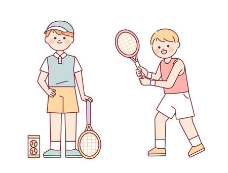 Cute boys are playing tennis. A cute boy standing holding a tennis racket and a boy doing a swing pose. flat design style vector illustration.のイラスト素材