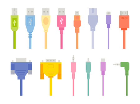 Colorful computer digital equipment cables. flat design style vector illustration.のイラスト素材