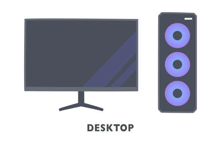 A computer monitor and a computer body with a circular LED design. flat design style vector illustration.のイラスト素材