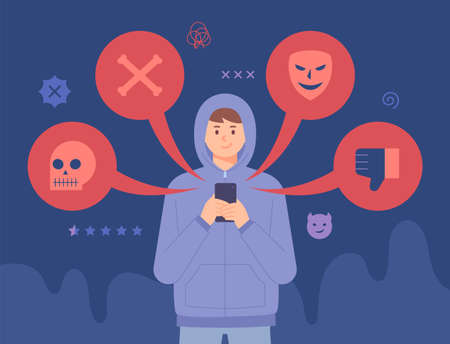 A boy in a hoodie is sending a bad message on his cellphone. Bad icons are formed around the boy. flat design style vector illustration.のイラスト素材