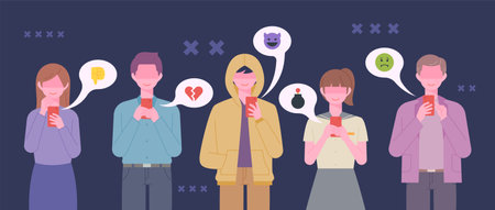 People are cyberbulling with bad reviews on social networks. flat design style vector illustration.のイラスト素材
