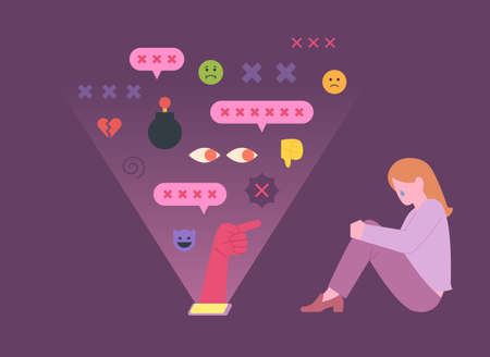 A woman is sitting lonely on the floor. Bad messages from social networks are pouring out of her cell phone. flat design style vector illustration.のイラスト素材