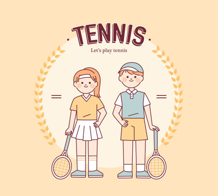 Tennis promotion banner template. Cute boy and girl characters wearing tennis jerseys and holding rackets. flat design style vector illustration.のイラスト素材