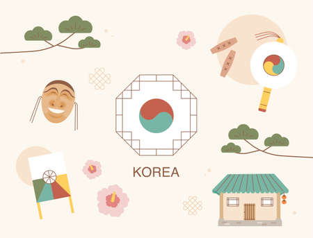 Traditional Korean cultural assets are composed around the Taegeuk pattern. flat design style vector illustration.のイラスト素材