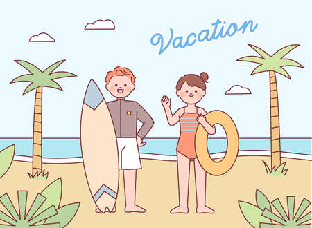 Summer holiday poster. Cute man and woman greeting each other with surfboards and swimming tubes. Tropical island background.のイラスト素材