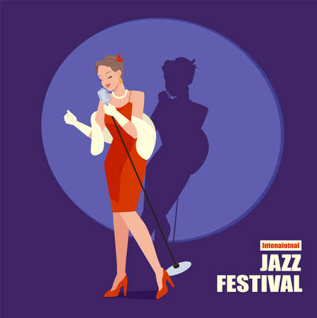 A female singer in a red dress is singing on the stage. flat design style vector illustration.のイラスト素材