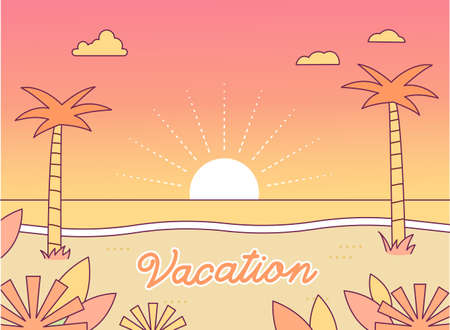 Summer resort background. The sun rises over the horizon of a tropical island with palm trees and the sky is orange.のイラスト素材