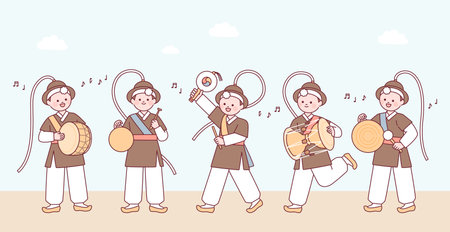Cute characters wearing traditional Korean clothes and playing traditional musical instruments.のイラスト素材