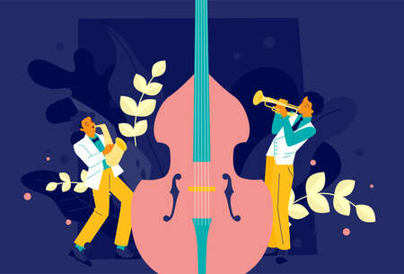 A saxophonist and a trumpet player are performing. Vivid color on a dark background.のイラスト素材