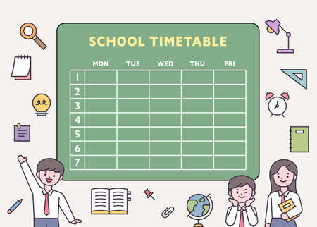 Cute student characters in front of school class time table. school icons. flat design style vector illustration.のイラスト素材