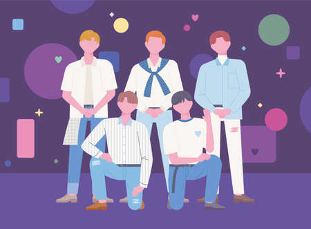 Korean K-pop boy groups are standing on stage in an ending pose. flat design style vector illustration.のイラスト素材