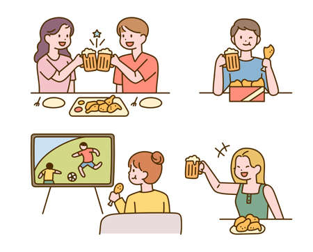 Korean food menus. Cute characters are eating delicious food. flat design style vector illustration.のイラスト素材