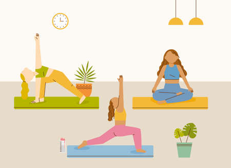 People are doing yoga in a yoga center. flat design style vector illustration.のイラスト素材